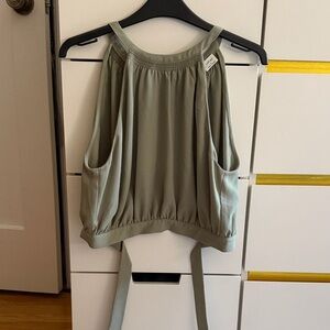 Aritzia Wilfred Elegant Sage Green Open Back Halter Crop Top - Size Small